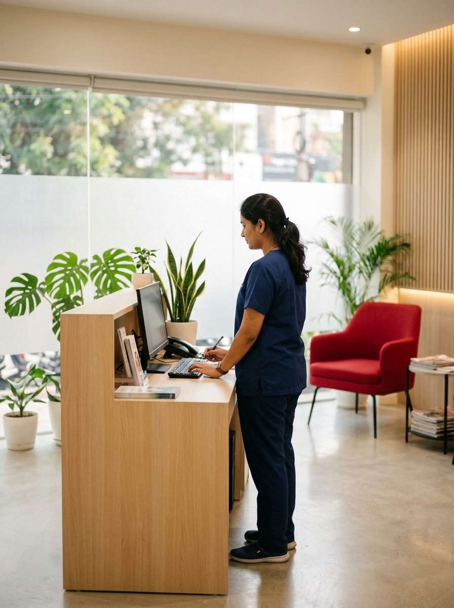 Receptionist at a modern dental clinic in Bengaluru