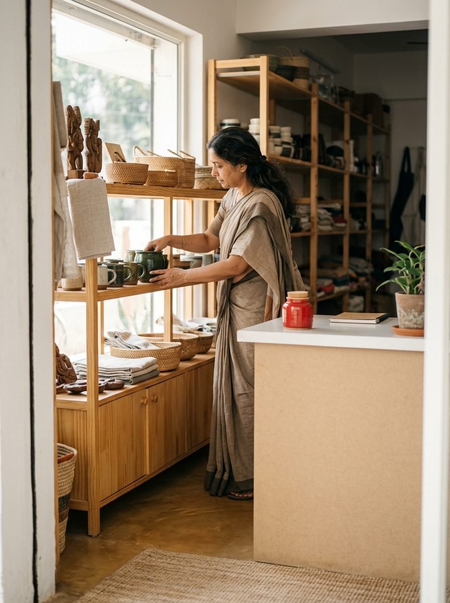 Boutique store owner in Malleshwaram arranging shelves in warm daylight